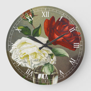 Relógio Grande Rosas de Jardim Antigas em um Vaso de Vidro