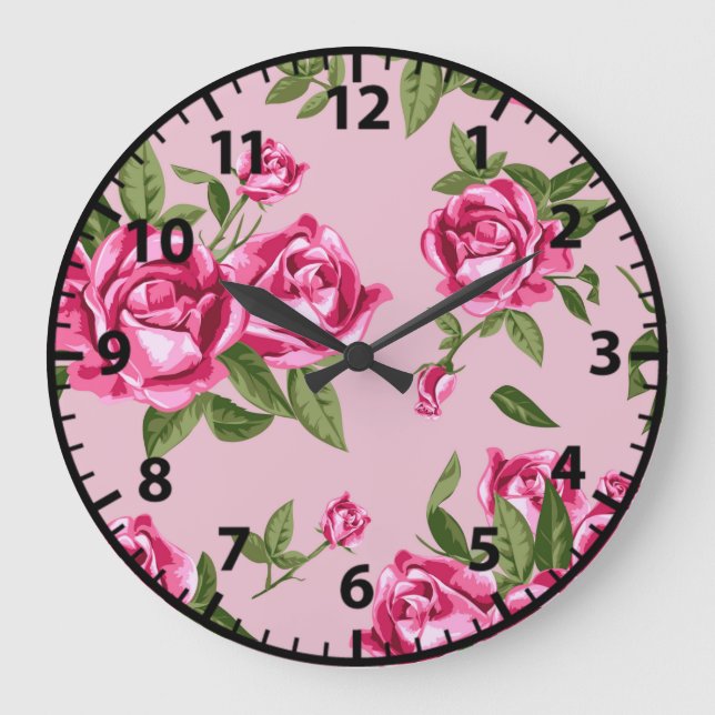 Relógio Grande Rosas em Padrão Rosa Shabby Chic (Frente)