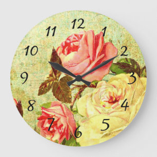 Relógio Grande Rosas na Vintage do Chique Rosa e Amarelo