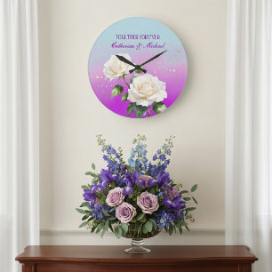 Relógio Grande Rosas Ombre Aguarela Azul Rosa Roxo Casamento