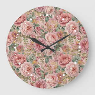 Relógio Grande Rosas Poeira Rosa Verde Salgueiro Dourado Charme R