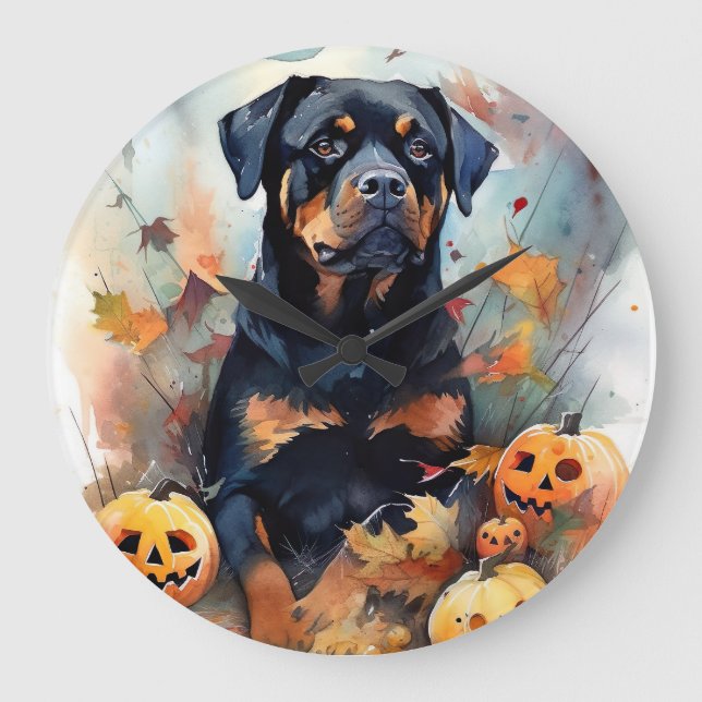 Relógio Grande Rottweiler de Halloween com Abóboras Assustador (Frente)