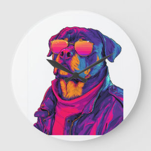 Relógio Grande Rottweiler Retrô � Cão com Estilo Neon dos Anos 80