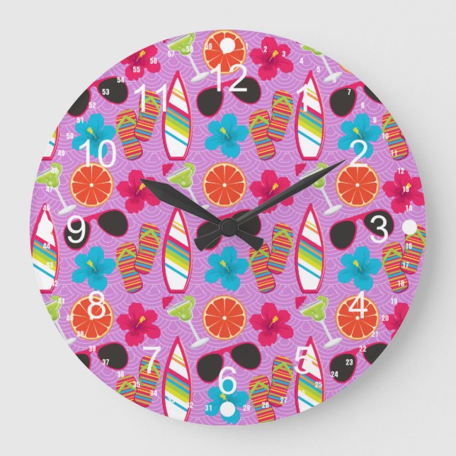 Relógio Grande Roxo de Beachball dos óculos de sol dos chinelos (Frente)