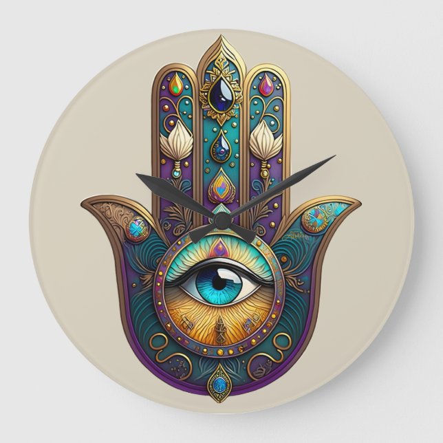 Relógio Grande Roxo Dourado Verde Água Hamsa c/ Terceiro Olho Tur (Frente)