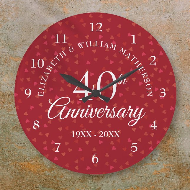 Relógio Grande Ruby Hearts do 40º aniversário (40th Wedding Anniversary Ruby Hearts Large Clock)