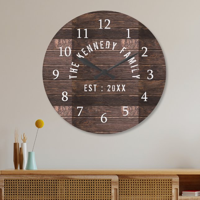 Relógio Grande Rush Country Farmhouse Family Name Wood (Rustic Country Farmhouse Family Name Wood Large Clock)