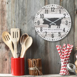 Relógio Grande Russo Chippy Planks Nome Personalizado Família Far<br><div class="desc">Rustic Chippy Planks Custom Family Name Pig Large Farmhouse Style Clock apresenta um fundo branco de madeira, com um porco sertanejo e é personalizado com o seu nome. Parte de uma coleção. Se você precisar de assistência para personalizar seu relógio, ou se estiver procurando por itens coordenadores, por favor, não...</div>