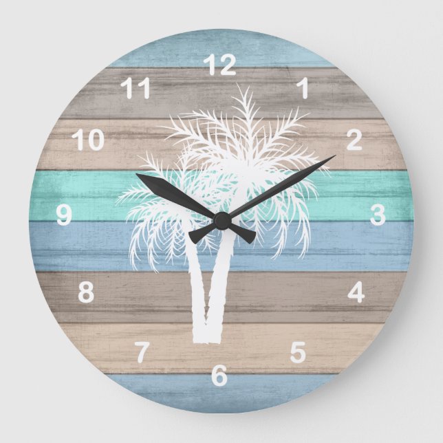 Relógio Grande Rustic Beach Wood Nautical and White Palm Trees (Frente)