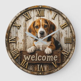 Relógio Grande Rustic Beagle Welcome Farmhouse