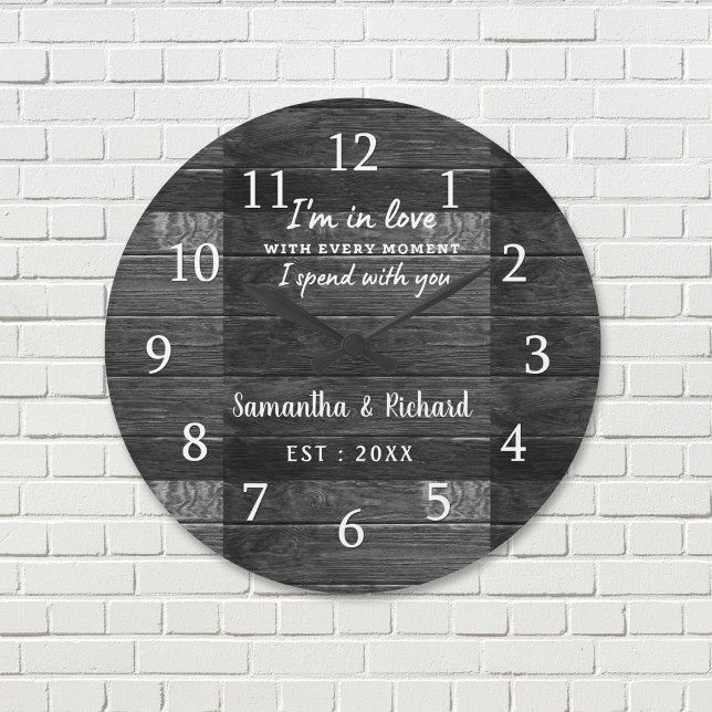 Relógio Grande Rustic Black Wood Love Cote Casamento Aniversário (Rustic Black Wood Love Quote Wedding Anniversary Large Clock)