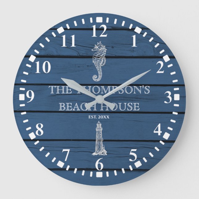 Relógio Grande Rustic Blue Wood Sea Lighthouse Beach House (Frente)