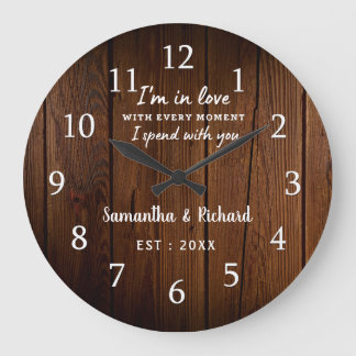 Relógio Grande Rustic Brown Wood Love Cote Aniversário de Casamen