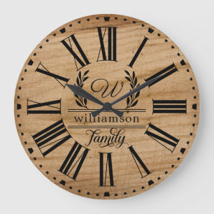 Relógio Grande Rustic Brown Wood Nome Personalizado Família Farm
