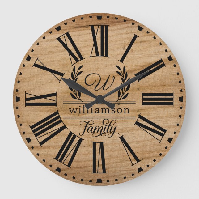 Relógio Grande Rustic Brown Wood Nome Personalizado Família Farmh (Frente)