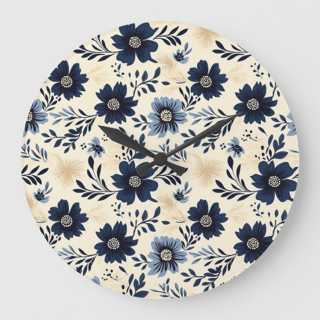 Relógio Grande Rustic Dark Blue Beige Flower Folk Art Print (Frente)