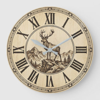 Relógio Grande Rustic Deer Mountain Wall Clock | Wood-Look Cabin 