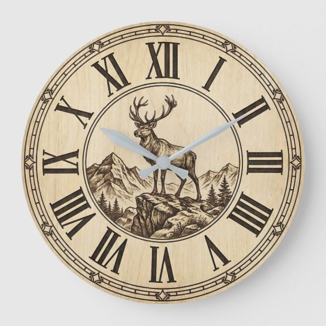 Relógio Grande Rustic Deer Mountain Wall Clock | Wood-Look Cabin  (Frente)