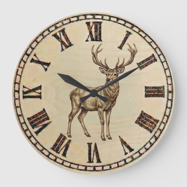 Relógio Grande Rustic Deer Wall Clock – Woodland Wildlife Art (Frente)