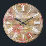 Relógio Grande Rustic Farmhouse Floral Wood Roman Numeral<br><div class="desc">Sr. e Sra. Grande Relógio, para decoração de fazendas, com ilustração de vintage de números romanos virados para o relógio, em branco, sobre textura floral de madeira. Personalize facilmente com um nome de família, data e cores favoritas (texto e relógio de rosto).</div>