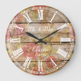 Relógio Grande Rustic Farmhouse Floral Wood Roman Numeral
