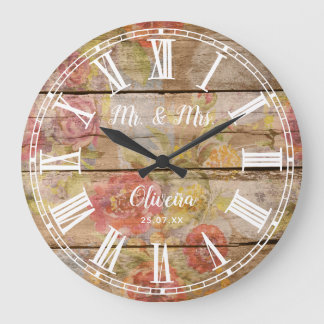 Relógio Grande Rustic Farmhouse Floral Wood Roman Numeral