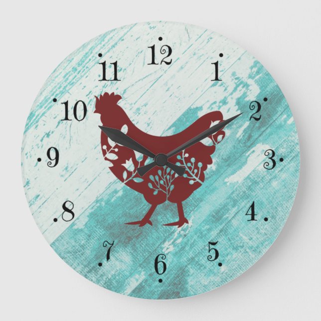 Relógio Grande Rustic Farmhouse Red Chicken Faux Wood Wall Clock (Frente)