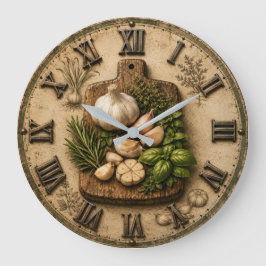 Relógio Grande Rustic Garlic & Fresh Herbs Farmhouse Kitchen