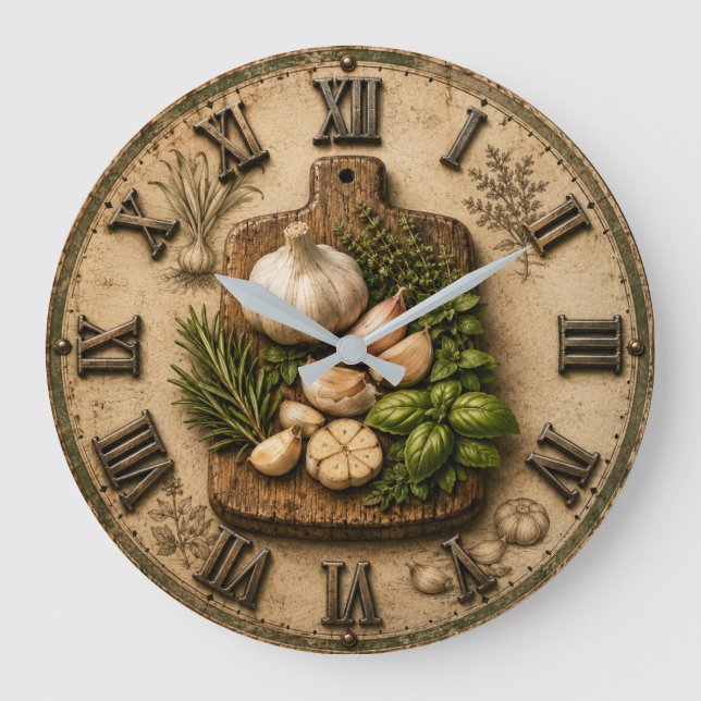 Relógio Grande Rustic Garlic & Fresh Herbs Farmhouse Kitchen  (Frente)