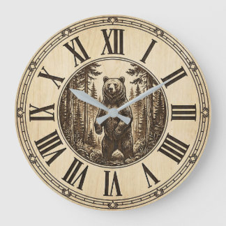 Relógio Grande Rustic Grizzly Bear Wall Clock | Wood Style 