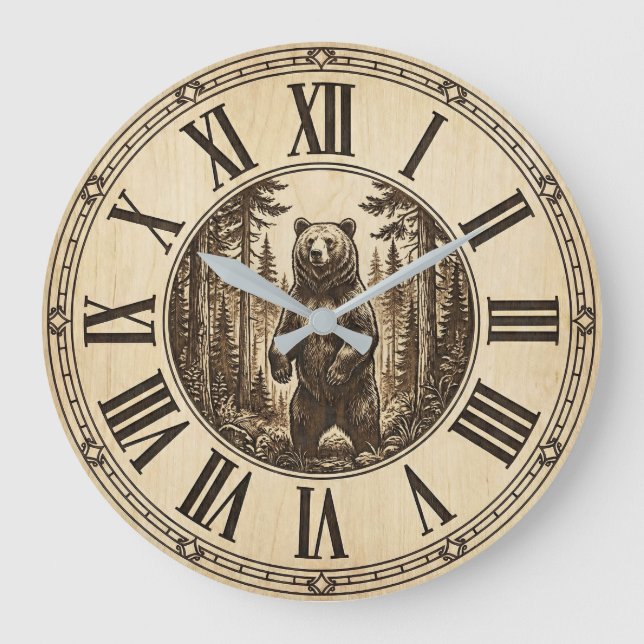 Relógio Grande Rustic Grizzly Bear Wall Clock | Wood Style  (Frente)