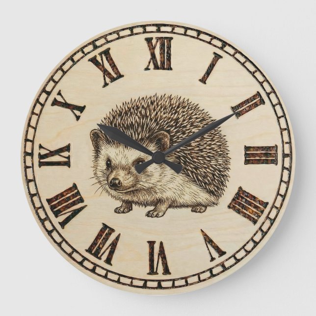 Relógio Grande Rustic Hedgehog Wall Clock – Woodland Wooden Style (Frente)