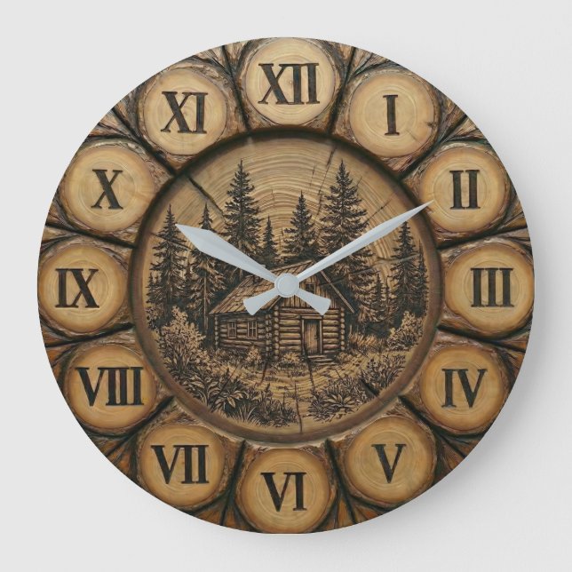 Relógio Grande Rustic Log Cabin Wall Clock | Wood-Look Forest (Frente)