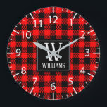 Relógio Grande Rustic Modern Red Buffalo Plaid Checkered Monogram<br><div class="desc">Modern rustic bright red and black checked buffalo plaid wall clock with customizable family monogram and name,  would work great for a rustic farmhouse style home,  cabin,  or for the holiday season decor and/or a personalized gift.</div>