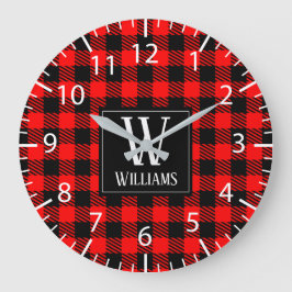 Relógio Grande Rustic Modern Red Buffalo Plaid Checkered Monogram