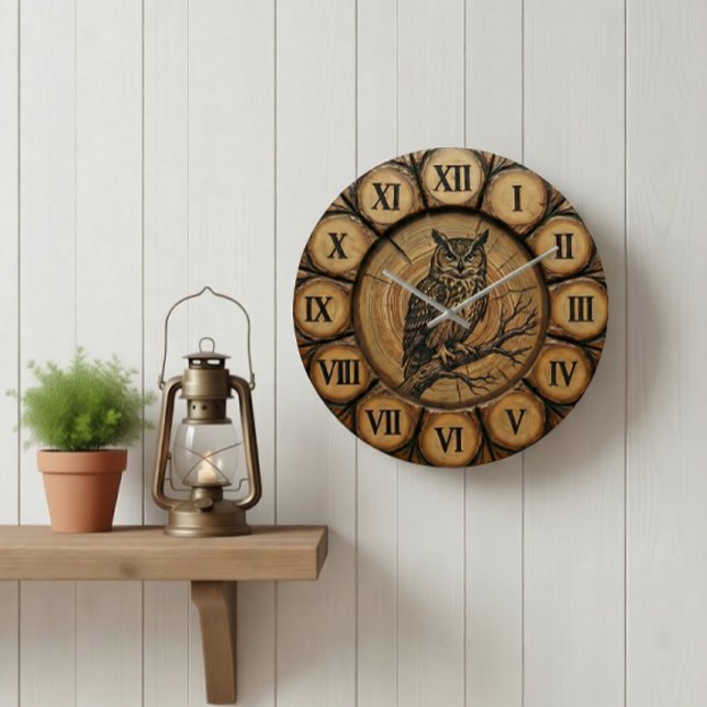 Relógio Grande Rustic Owl Wall Clock | Wood-Look Cabin Decor (Criador carregado)
