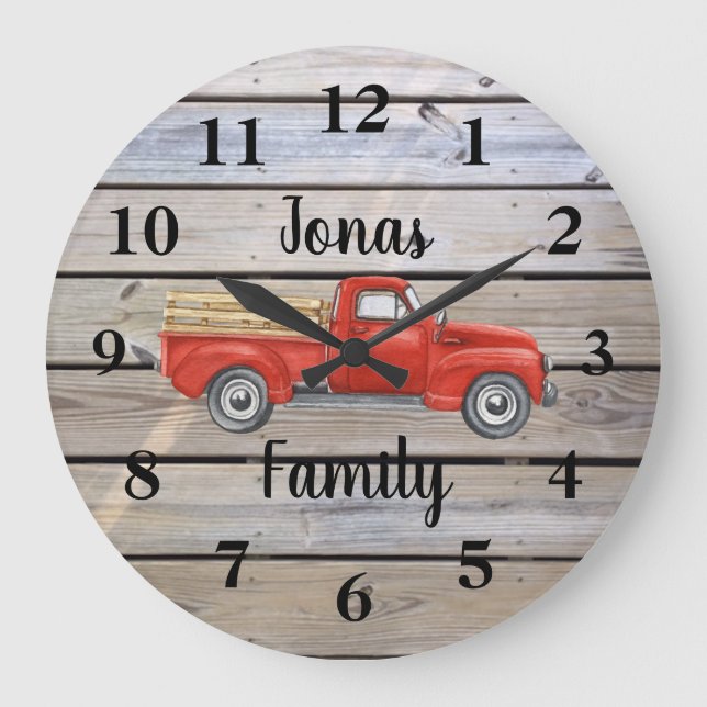 Relógio Grande Rustic Red Truck Wood Family Name (Frente)