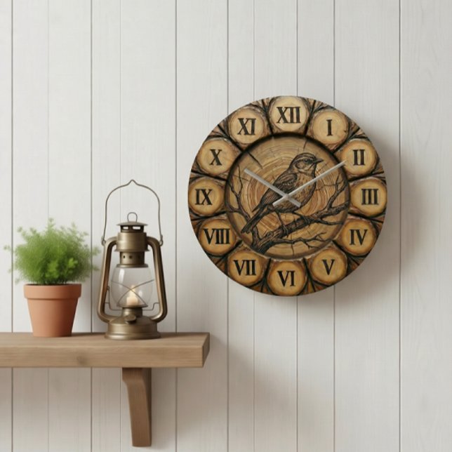 Relógio Grande Rustic Songbird Wall Clock | Wood-Look Cabin Decor (Criador carregado)
