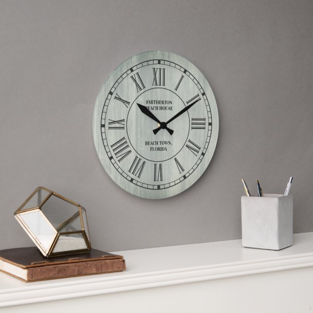 Relógio Grande Rustic Turquoise Wood Roman Numerals Beach (Escritório)