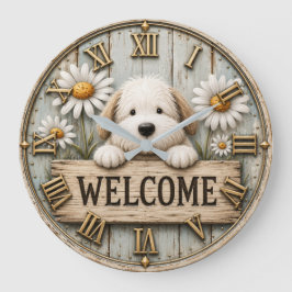 Relógio Grande Rustic Welcome Puppy with Daisies Farmhouse