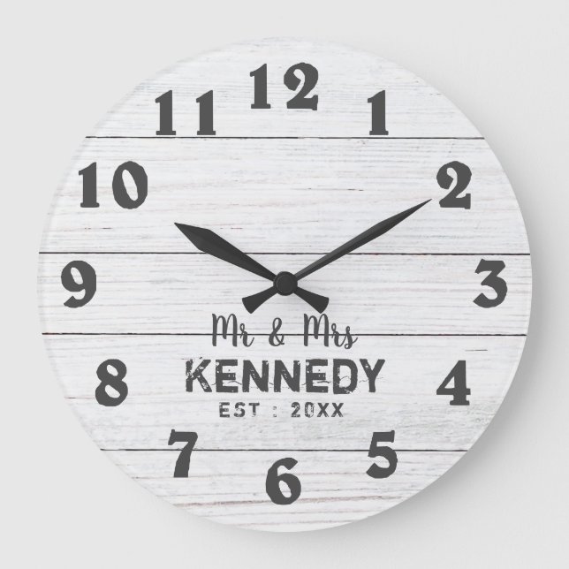 Relógio Grande Rustic White Pallet Wood Sr. E Sra. Wedding (Frente)