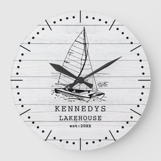 Relógio Grande Rustic White Wood Boat Family Name Lake House (Frente)