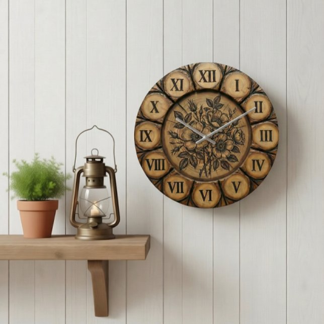 Relógio Grande Rustic Wild Rose Wall Clock | Wood-Look Farmhouse  (Criador carregado)