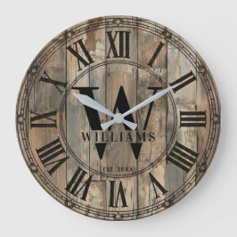 Relógio Grande Rustic Williams Family Monogram Clock | Wood-Look