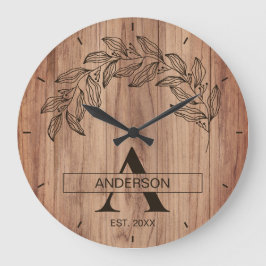 Relógio Grande Rustic Wood Farmhouse Family Name Monogrammed