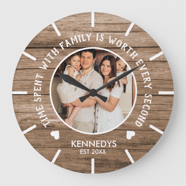 Relógio Grande Rustic Wood Photo Family Name Cote Large Clock (Frente)