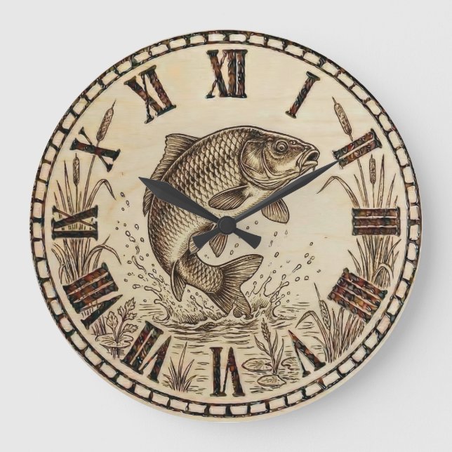 Relógio Grande Rustic Woodburned Fish Wall Clock (Frente)