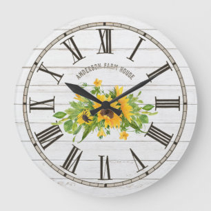Relógio Grande Rústica Barn Cinzas Brancas Madeira Girassóis Co