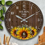 Relógio Grande Rústico Sunflower e Wood Family Name<br><div class="desc">Diversão,  design personalizada. Faz o presente perfeito para um casamento,  casamento ou qualquer ocasião!</div>