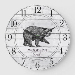 Relógio Grande Rústico Wood Walking Bear Family Name Large Clock